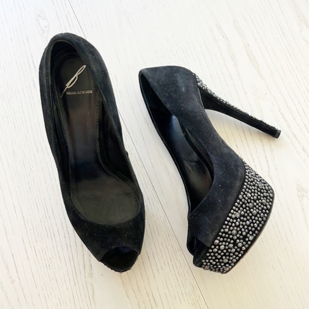 Brian Atwood Crystal Embellishment Platform Pumps Black Suede Size 8